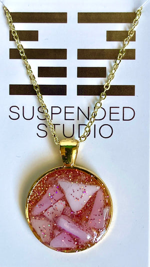 
            
                Load image into Gallery viewer, Pink and Gold Sparkly Recycled Glass Necklace
            
        