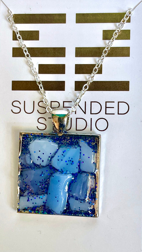 Blue and Silver Sparkly Square Recycled Glass Necklace