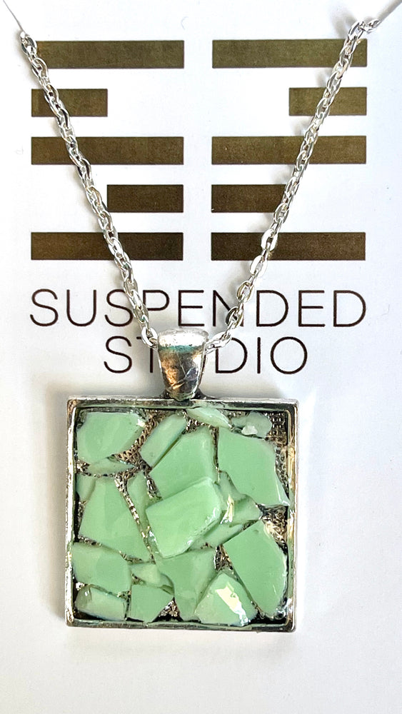 Mint and Silver Square Recycled Glass Necklace