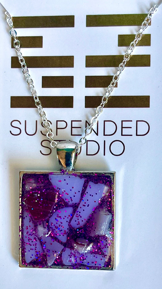 
            
                Cargar imagen en el visor de la galería, Purple and Silver Sparkly Square Recycled Glass Necklace
            
        