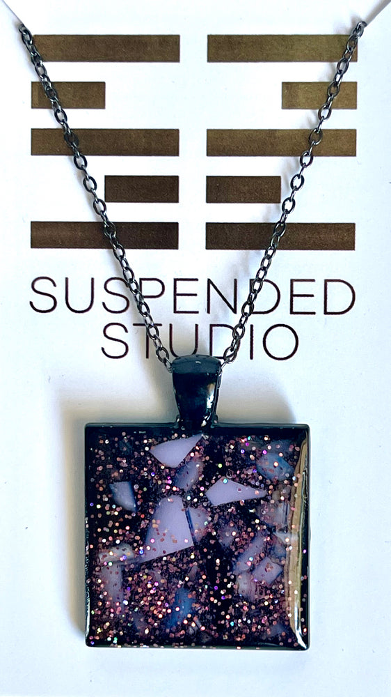 Black and Pink Sparkly Square Recycled Glass Necklace