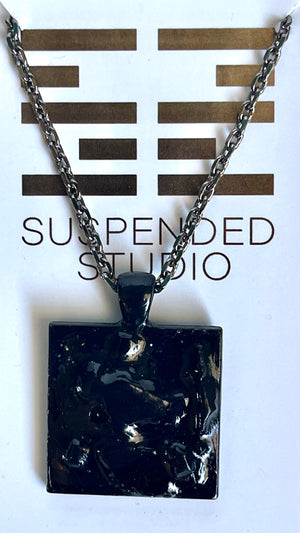 Black Sparkly Square Recycled Glass Necklace