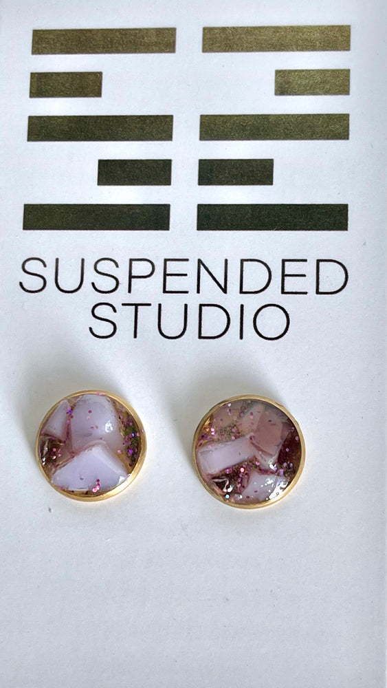 
            
                Load image into Gallery viewer, Purple and Gold Sparkly Recycled Glass Earrings
            
        